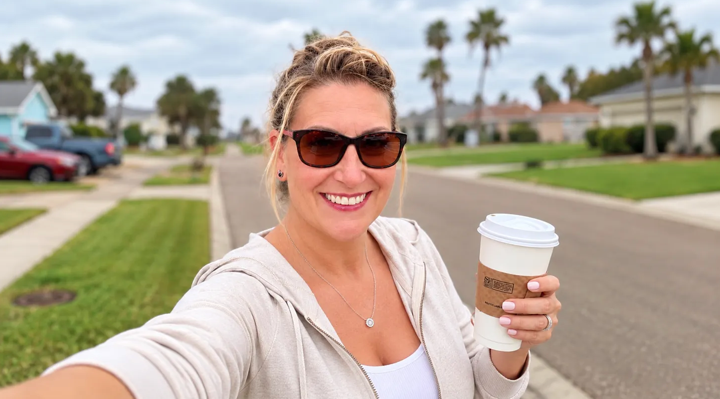 Bonni outdoors with a coffee
